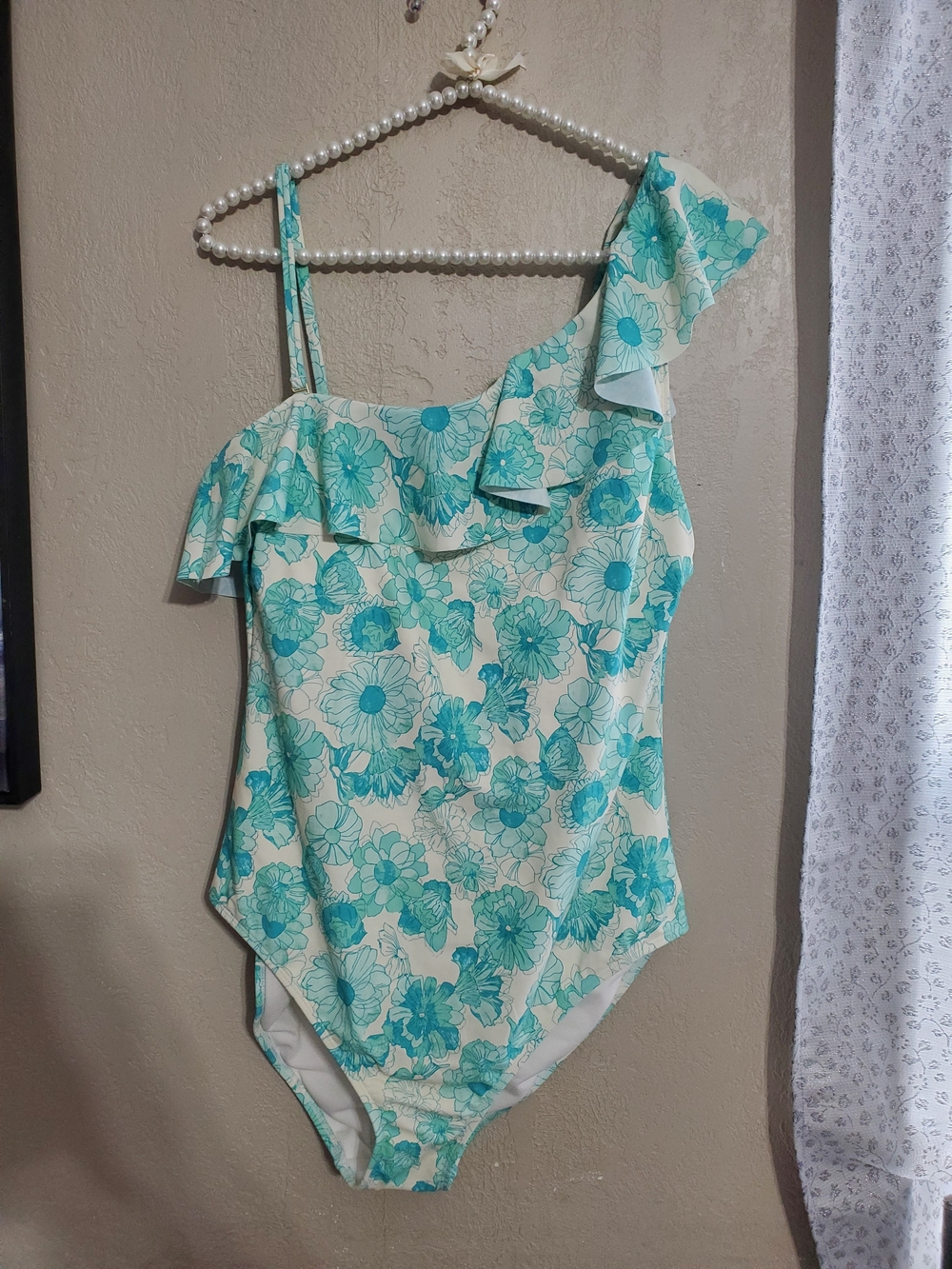 Shade & Shore Aqua Floral One-Shoulder Swimsuit